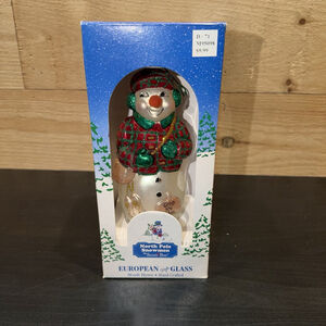 European Style North Pole Snowman Gone Ice Fishin Christmas Ornament Mouth Blown